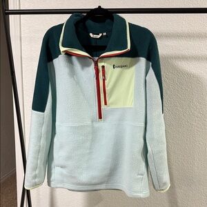 Cotopaxi Men's Zip-Up Sweater in Teal, Light Blue, and Yellow